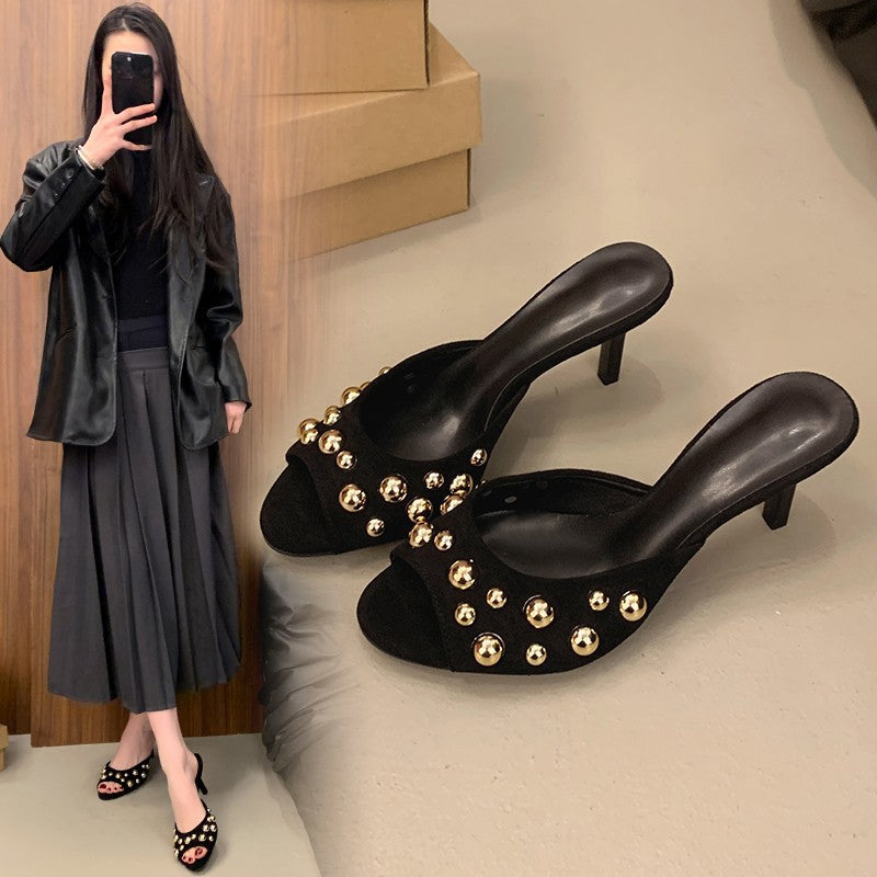 Damen Offene Mules mit glänzenden Perlenverzierungen und elegantem Absatz R&B