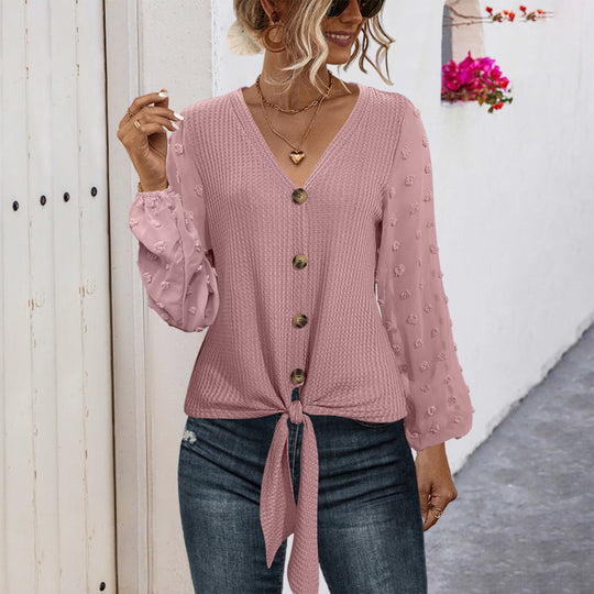 Damen modisches Blusenshirt mit Knopfdetails und voluminösen Ärmeln R&B