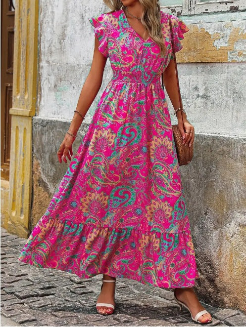 Damen Sommerliches Blumenmaxikleid mit Volantärmeln und elastischem Taillenbund R&B