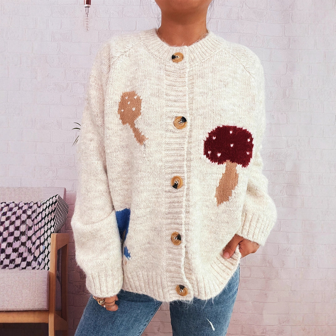 Damen Strickjacke mit buntem Pilzmotiv und Knopfdetails R&B