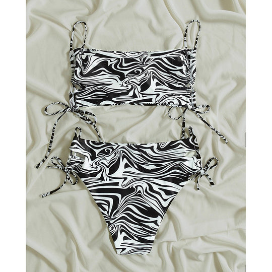 Damen Bikiniset mit verstellbaren Schnürdetails und maritimen Wellenmuster R&B