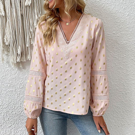Damen Bluse mit V-Ausschnitt und feinem Lochmuster R&B