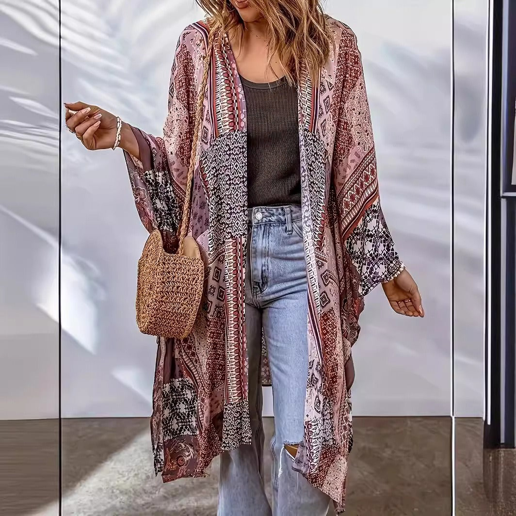 Damen Lässige Kimono-Jacke mit buntem Muster und weitem Schnitt R&B