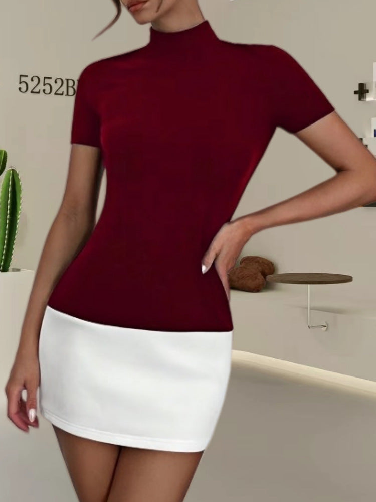 Damen Elegantes Oberteil mit hohem Kragen und kurzen Ärmeln R&B