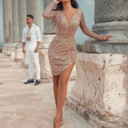 Damen Figurbetontes Glitzerkleid mit tiefem V-Ausschnitt und asymmetrischem Saum R&B
