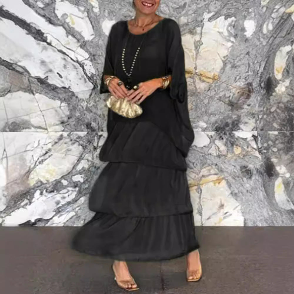Damen nan bodenlanges Stufenkleid mit weiten Fledermausärmeln und lockerer Silhouette R&B