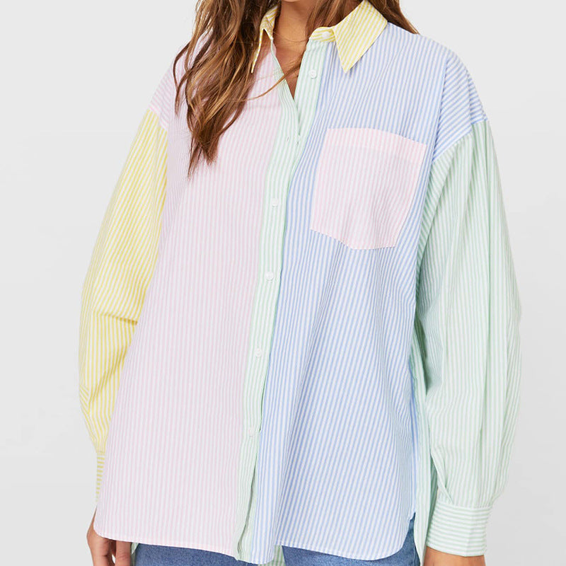 Damen nan oversized Hemdbluse mit Blockstreifen und Brusttasche R&B
