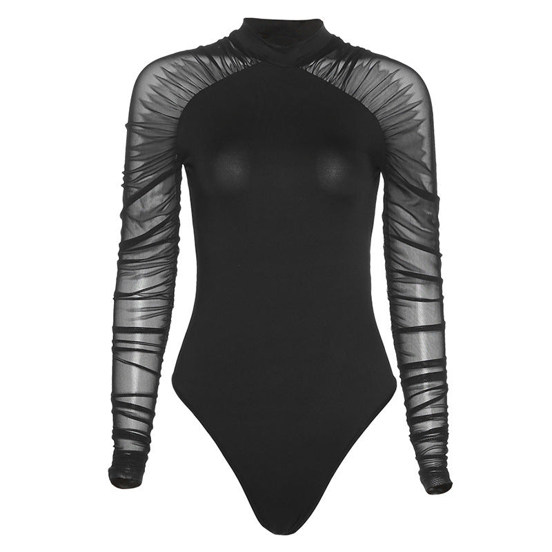 Damen Eleganter Body mit transparenten Ärmeln und speziellen Drapierungen R&B