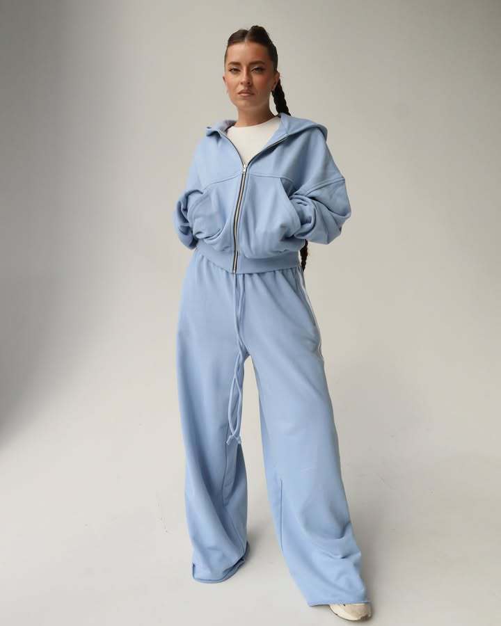 Damen Trendiges Sport-Lounge-Set mit cropped Sweatjacke und weit geschnittenen Jogginghosen R&B