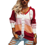 Damen Grobstrick Pullover mit Kapuze und modischem Linienmuster R&B