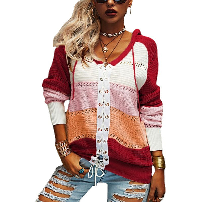 Damen Grobstrick Pullover mit Kapuze und modischem Linienmuster R&B