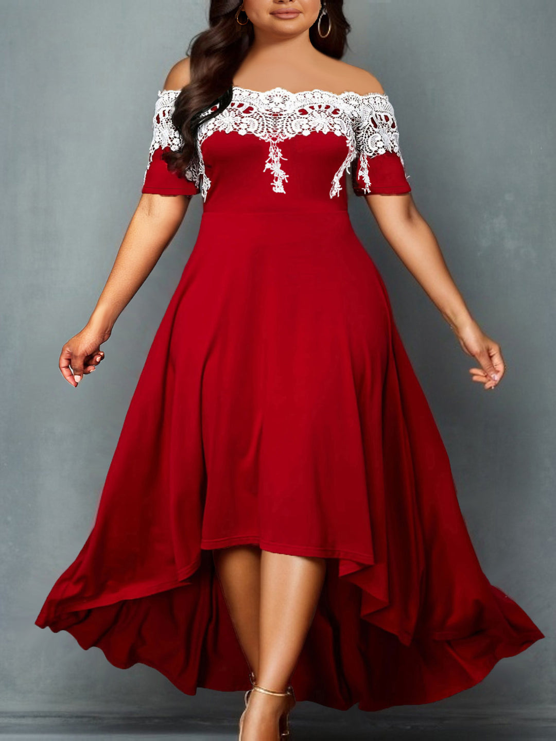 Damen elegantes Spitzen-Halbarm-Kleid mit asymmetrischem Saum R&B