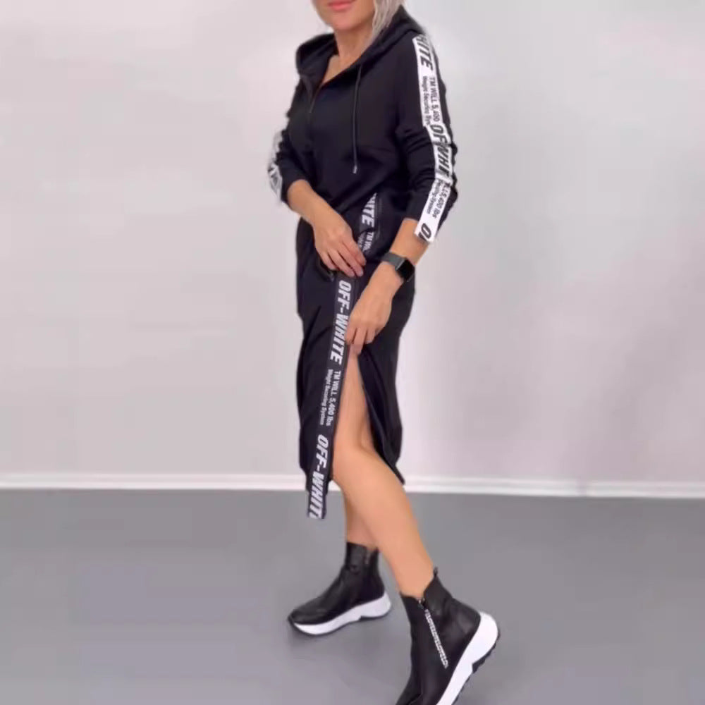 Damen nan knöchellanges Kapuzen-Sweatkleid mit Halbzip, Kängurutaschen und seitlicher Zierpaspel R&B