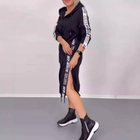 Damen nan knöchellanges Kapuzen-Sweatkleid mit Halbzip, Kängurutaschen und seitlicher Zierpaspel R&B