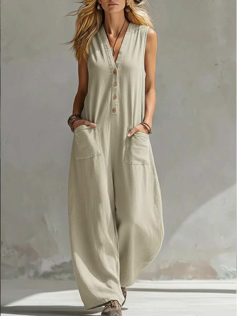 Damen Jumpsuit mit tiefem V-Ausschnitt und praktischen Taschen R&B