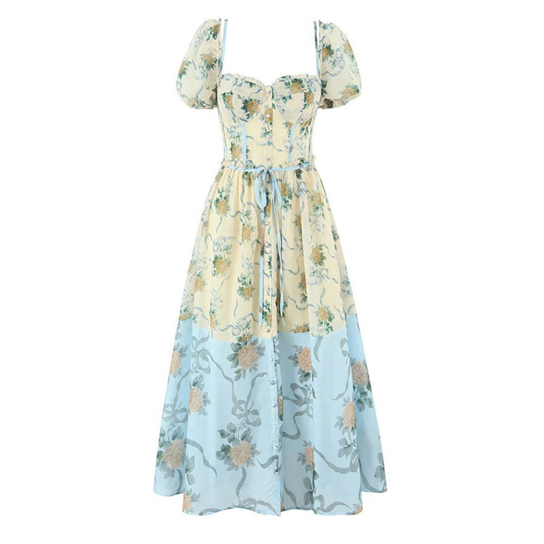 Damen Midi-Kleid mit verspielt floralen Details und Puffärmeln R&B