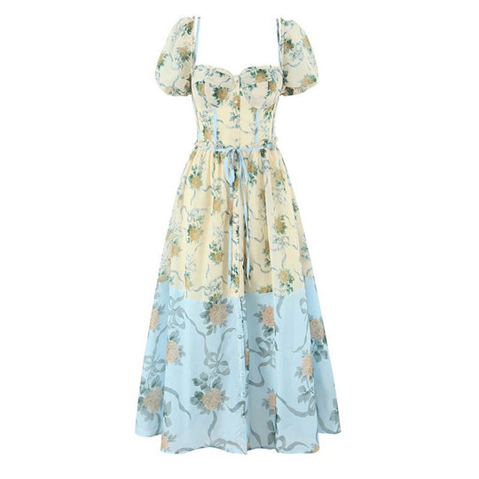 Damen Midi-Kleid mit verspielt floralen Details und Puffärmeln R&B