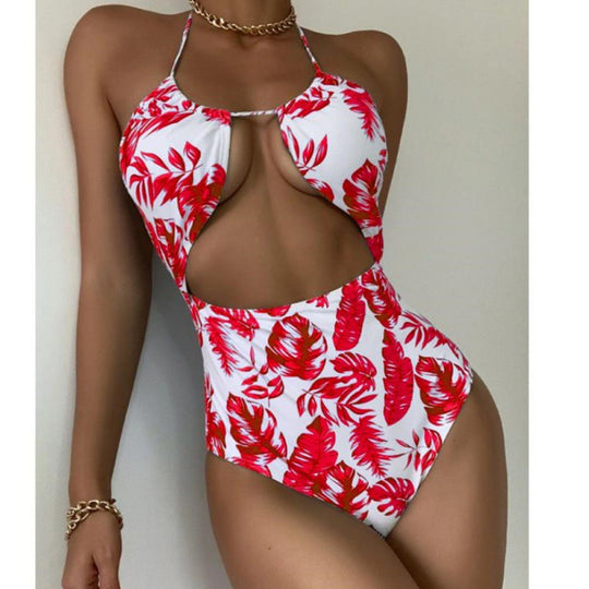Damen Einteiliger Badeanzug mit modischem Cut-Out-Design und tropischem Blattmuster R&B