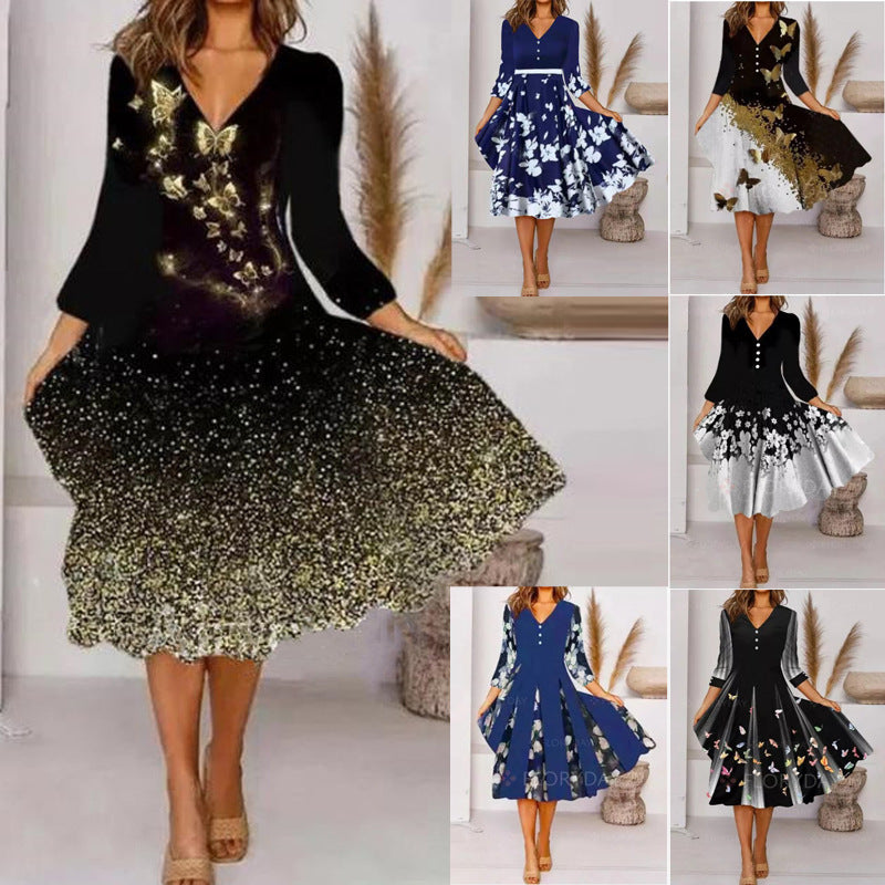 Damen V-Ausschnitt Midi-Kleid mit fließendem Rock und floralem Ärmeldesign R&B