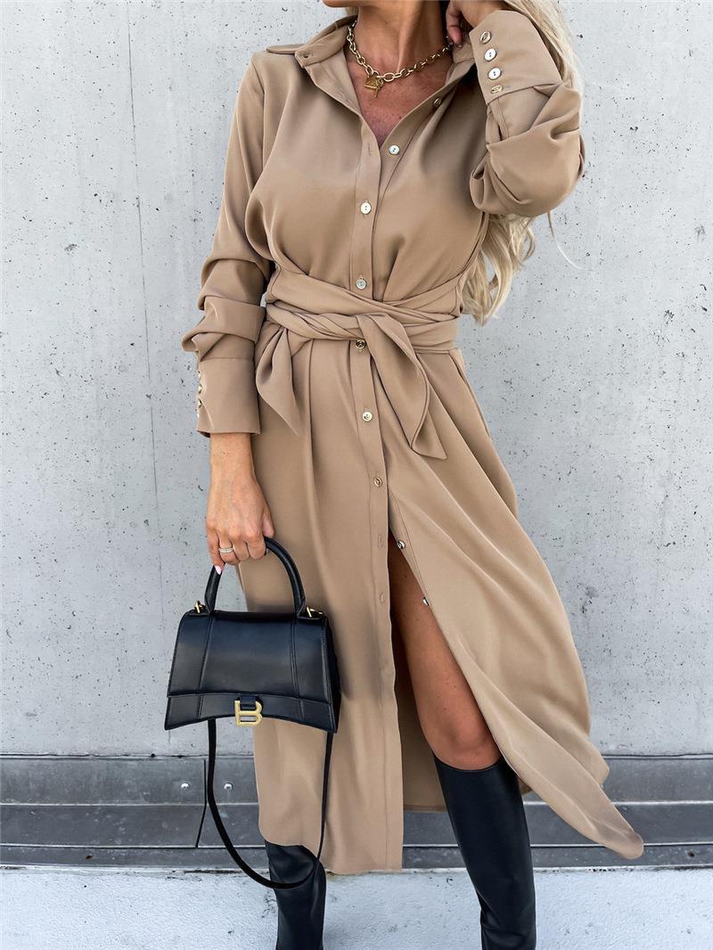 Damen Hemdblusenkleid mit Bindegürtel und seitlichem Schlitz R&B