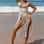 Damen Häkel-Strandüberwurfkleid im boho-chic Stil mit fransenbesetztem Saum und transparentem Design R&B
