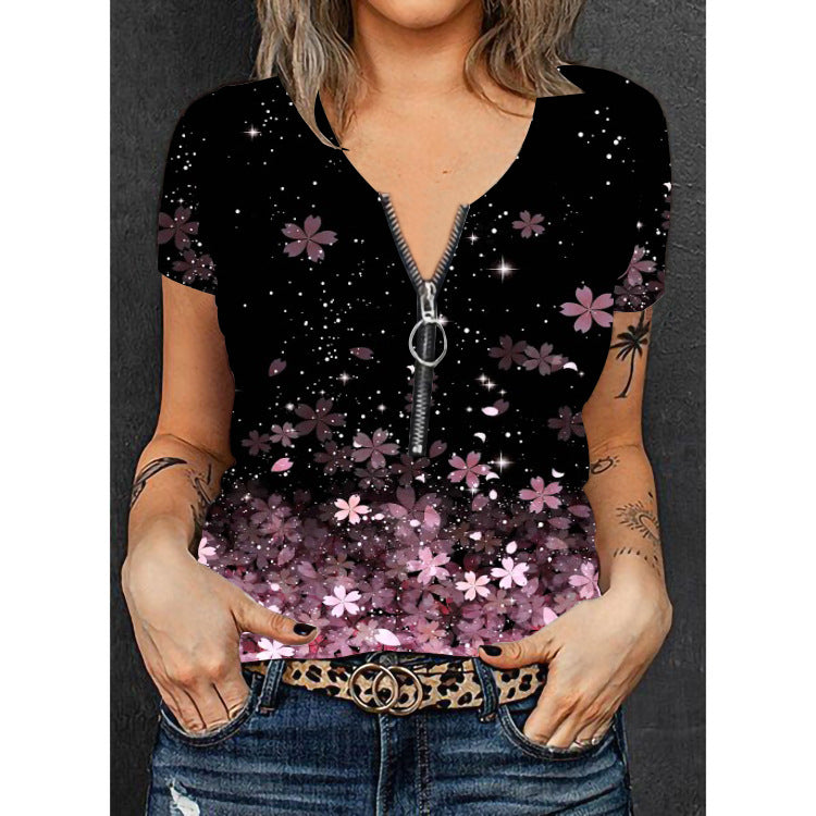 Damen Modisches T-Shirt mit Reißverschluss und floralem Design R&B