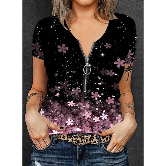 Damen Modisches T-Shirt mit Reißverschluss und floralem Design R&B