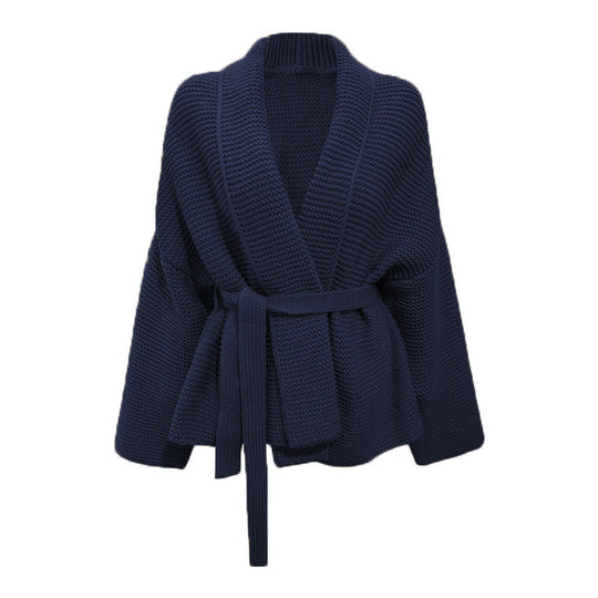 Damen Grobstrickjacke mit modernem Wickeldesign und breitem Kragen R&B