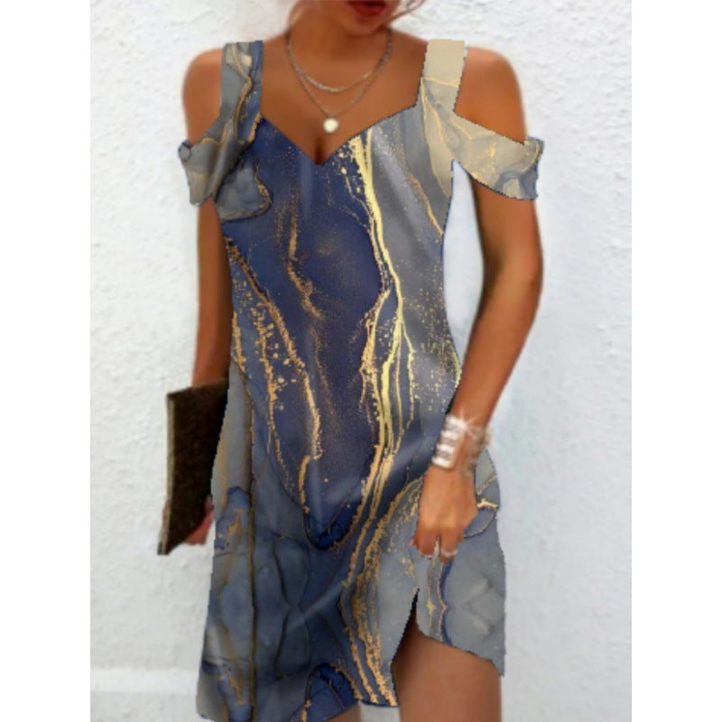 Damen Off-Shoulder Sommerkleid mit schwingendem Saum und aufregendem Spiraldesign R&B