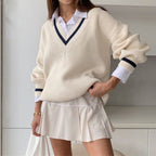 Damen lässiger Pullover mit tiefem V-Ausschnitt und Kontraststreifen R&B