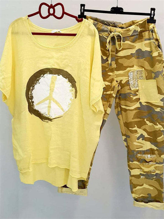 Damen nan lässiges Freizeit-Zweiteiler mit weit geschnittenem Leinenoptik-Shirt, Peace-Symbol und Camouflage-Jogpant mit Patchdetails R&B