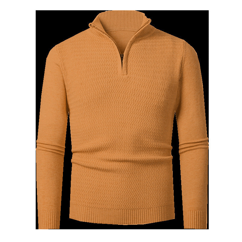 Herren nan Feinstrick-Halbzip-Pullover mit strukturierter Wellenoptik und Stehkragen R&B