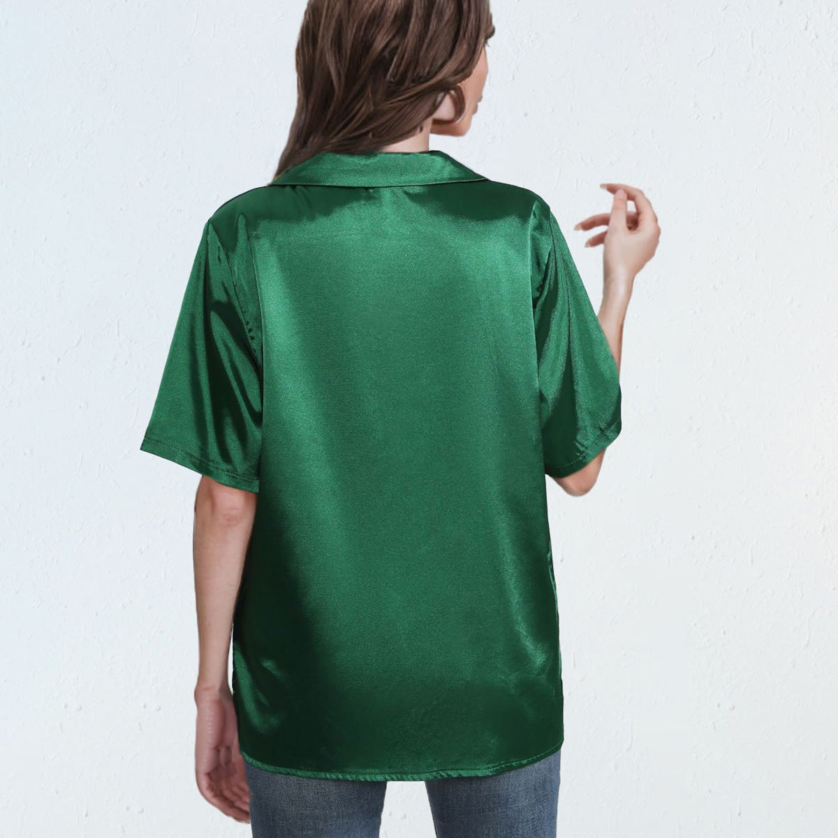 Damen kurzärmelige Bluse mit elegantem Knoten und glänzender Satin-Optik R&B