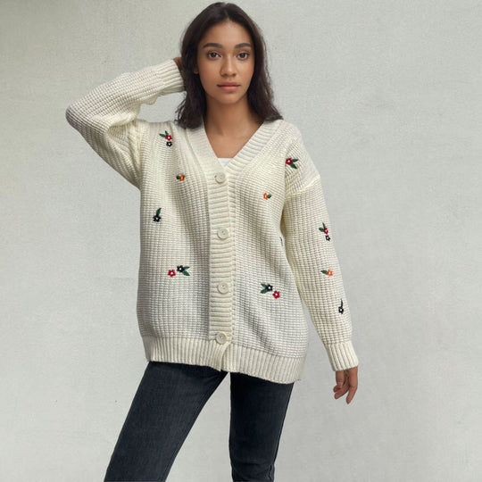 Damen Strickjacke mit floralem Stickdesign R&B