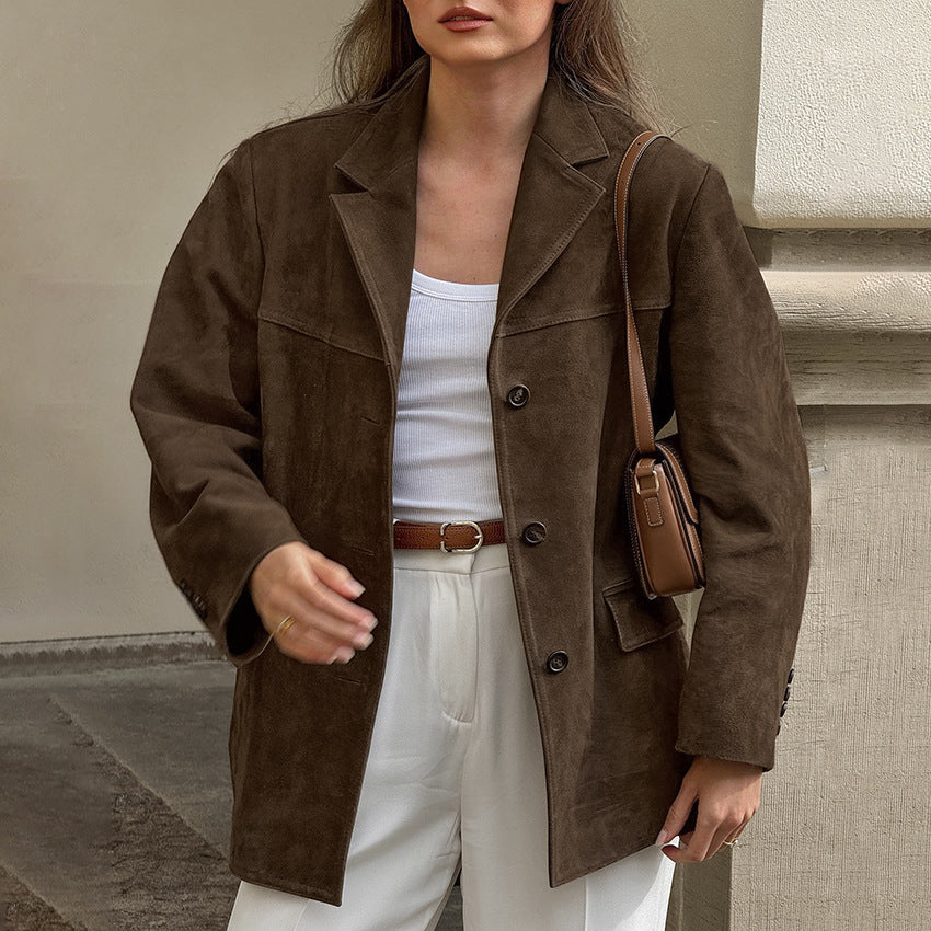 Damen Modische Wildlederjacke im Oversized-Schnitt mit klassischem Kragen und praktischen Taschen R&B