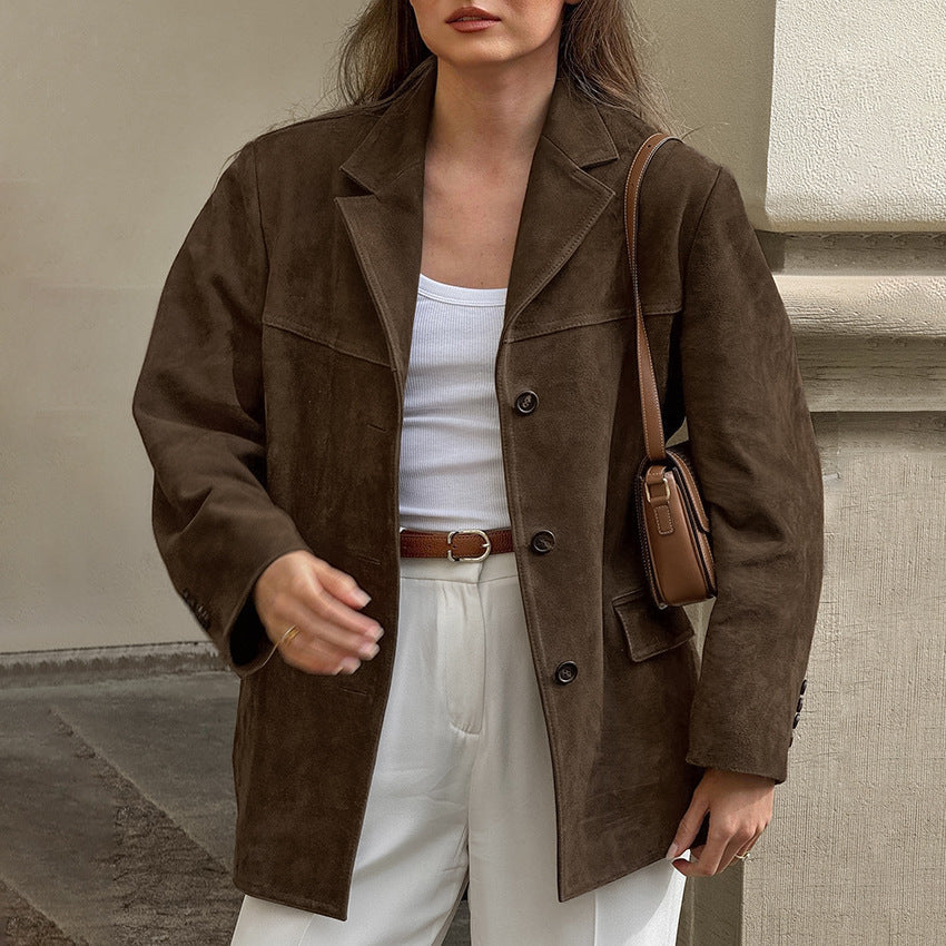 Damen Modische Wildlederjacke im Oversized-Schnitt mit klassischem Kragen und praktischen Taschen R&B