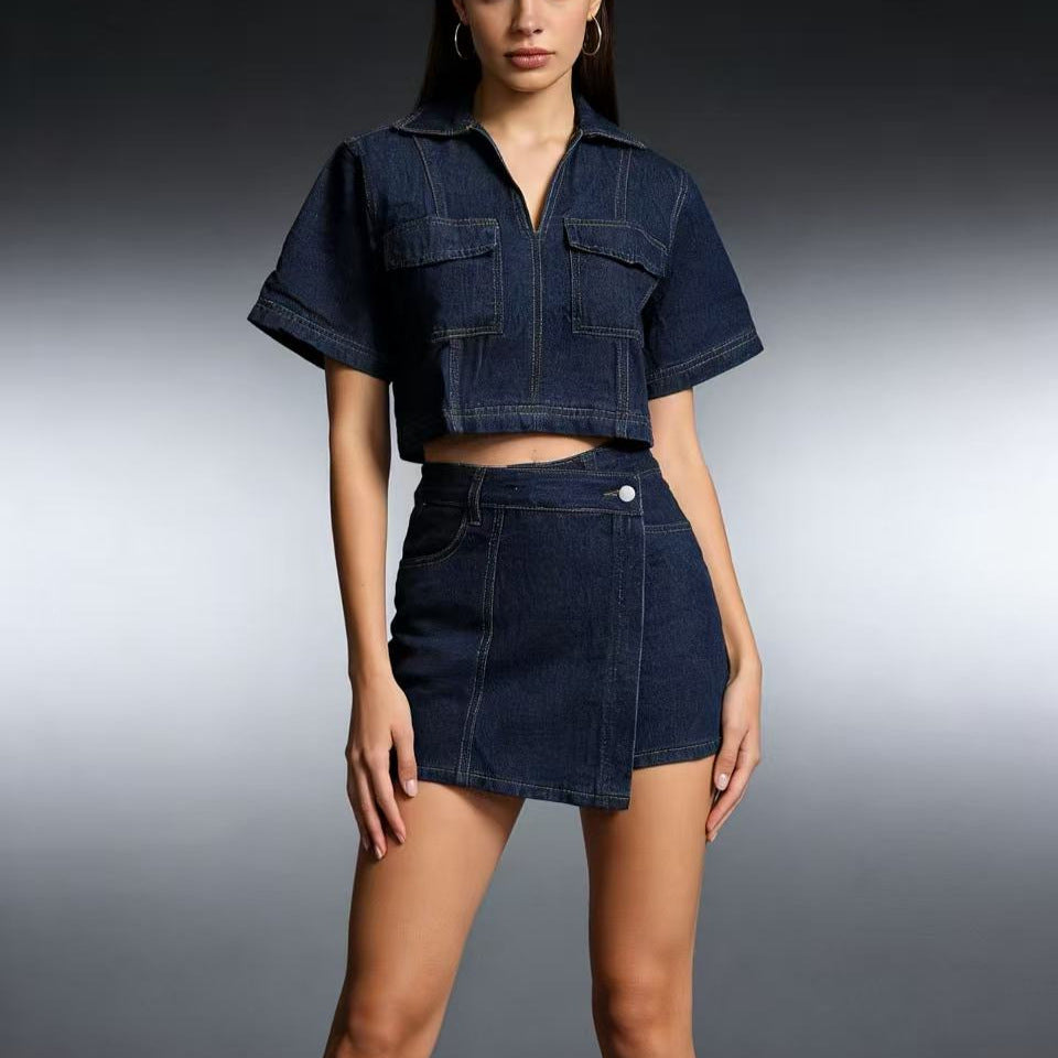 Damen modisches cropped Hemd mit aufgesetzten Taschen und lässigen Shorts R&B