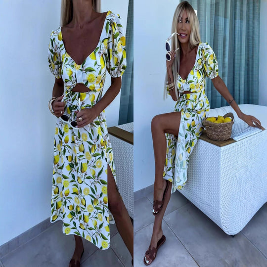 Damen Maxi Kleid mit Fruchtmotiv und Cut-Out-Details R&B
