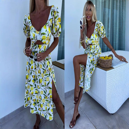 Damen Maxi Kleid mit Fruchtmotiv und Cut-Out-Details R&B