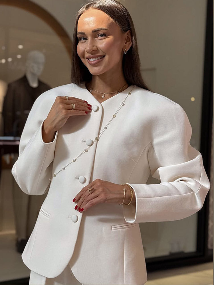 Damen Elegante Blazerjacke mit modischen Puffärmeln und dekorativem Knopfdesign R&B