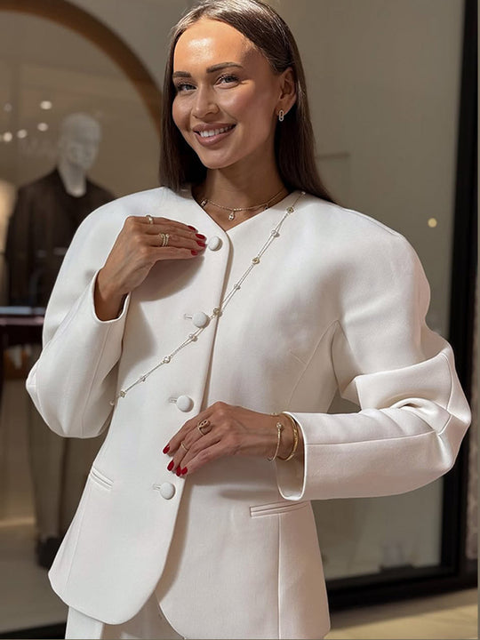 Damen Elegante Blazerjacke mit modischen Puffärmeln und dekorativem Knopfdesign R&B