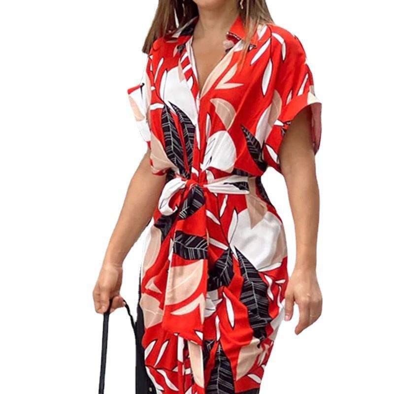 Damen Wickelkleid mit buntem Blattmuster und modischem Taillengürtel R&B