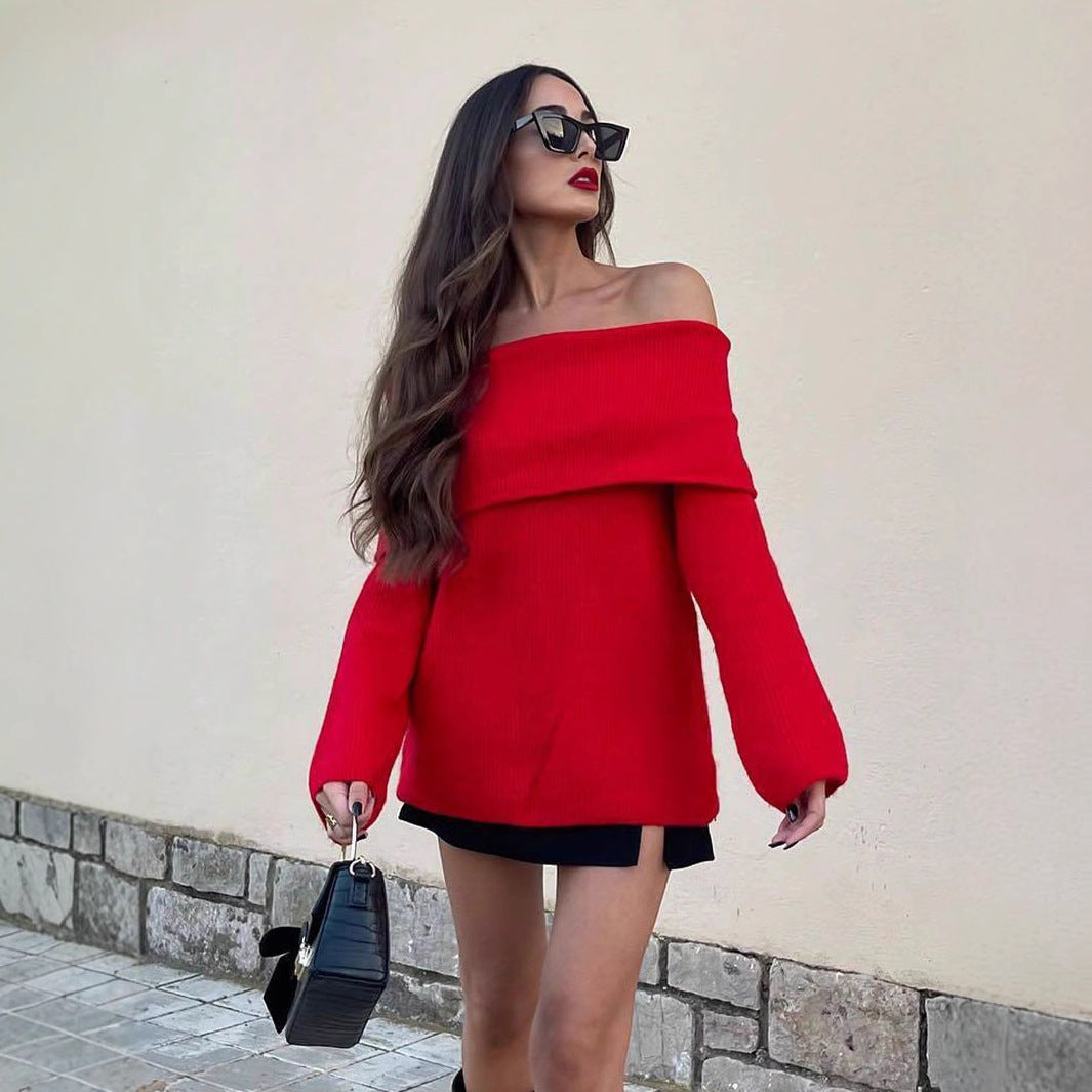 Damen lässiger Pullover mit weitem Kragen und strukturierter Maschenart