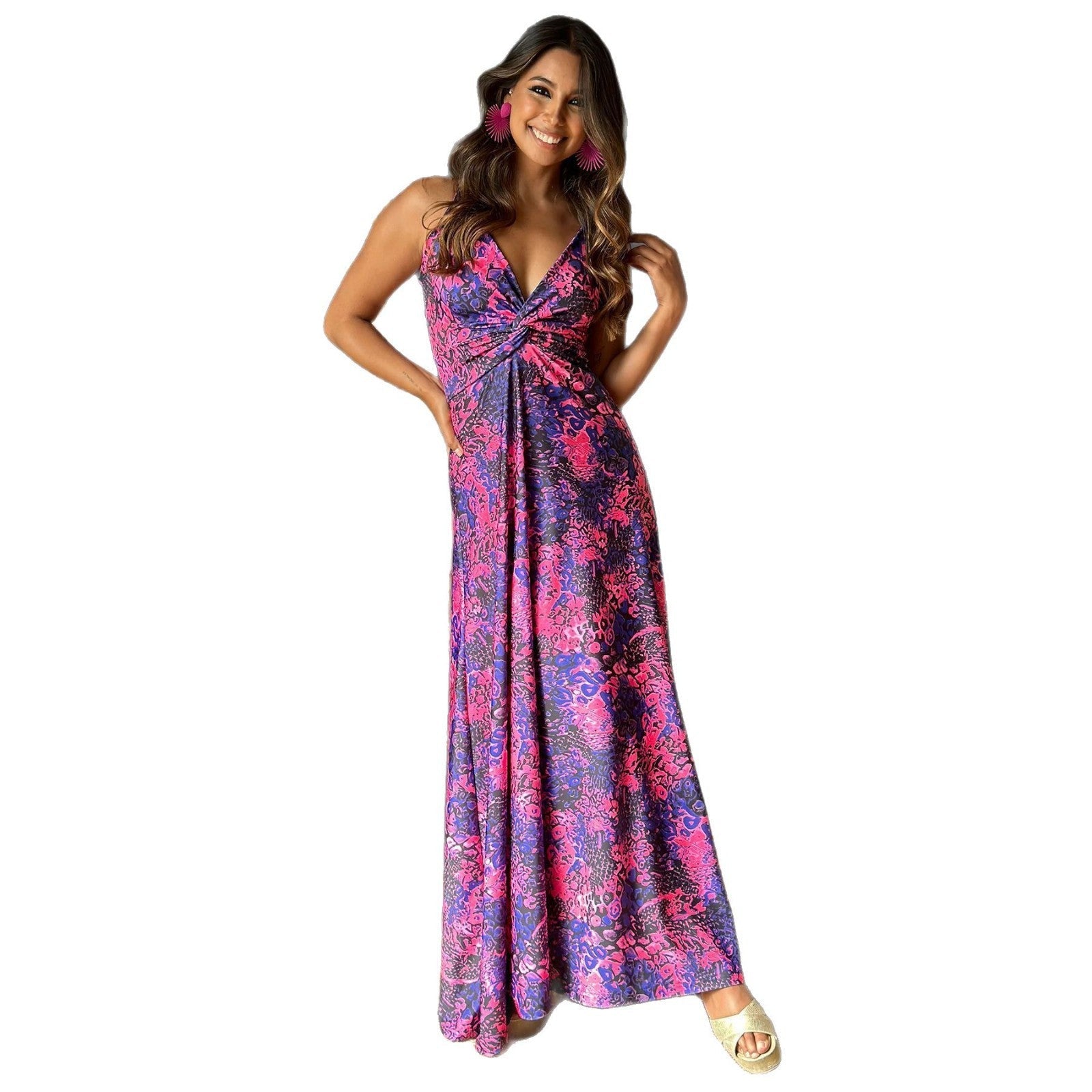 Damen Maxikleid mit tiefem V-Ausschnitt und kreativem Wickeldetail R&B