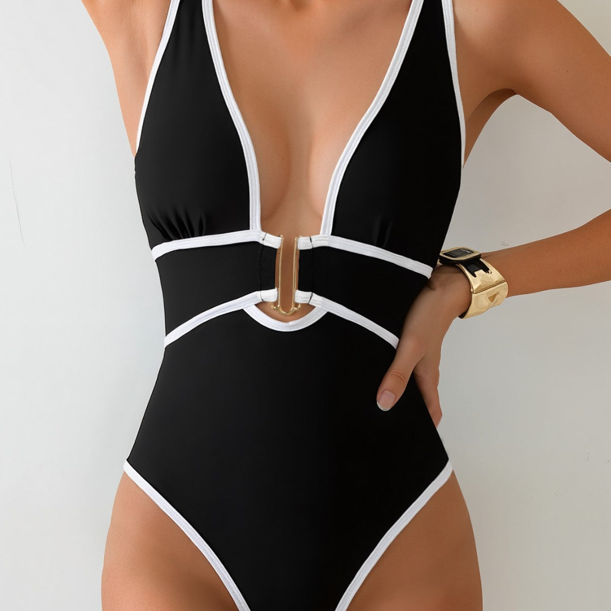 Damen Einteiliger Badeanzug mit elegantem V-Ausschnitt und modischem Kontrast R&B