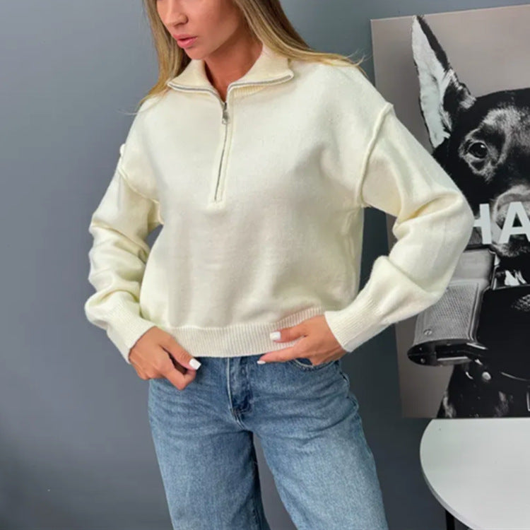 Damen modischer Sweater mit halbem Reißverschluss und weiten Ärmeln