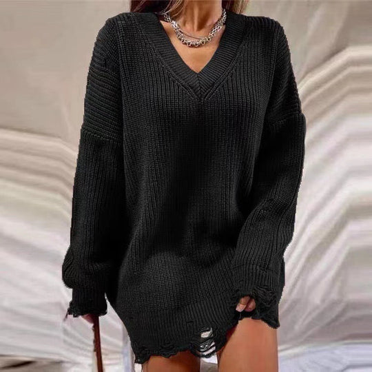 Damen Grobstrick Pullover mit V-Ausschnitt und lässigem Schnitt R&B