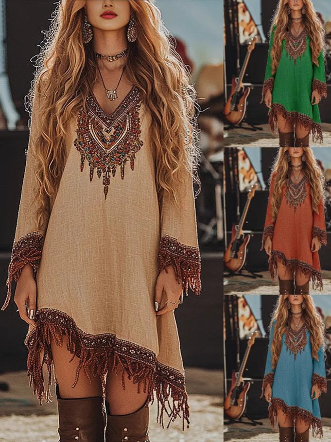 Damen Festival-Kleid mit kunstvollem Stickdesign und Fransen R&B