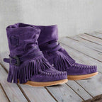 Damen Mokassin-Stiefel mit fransigen Details und modischer Schnalle R&B