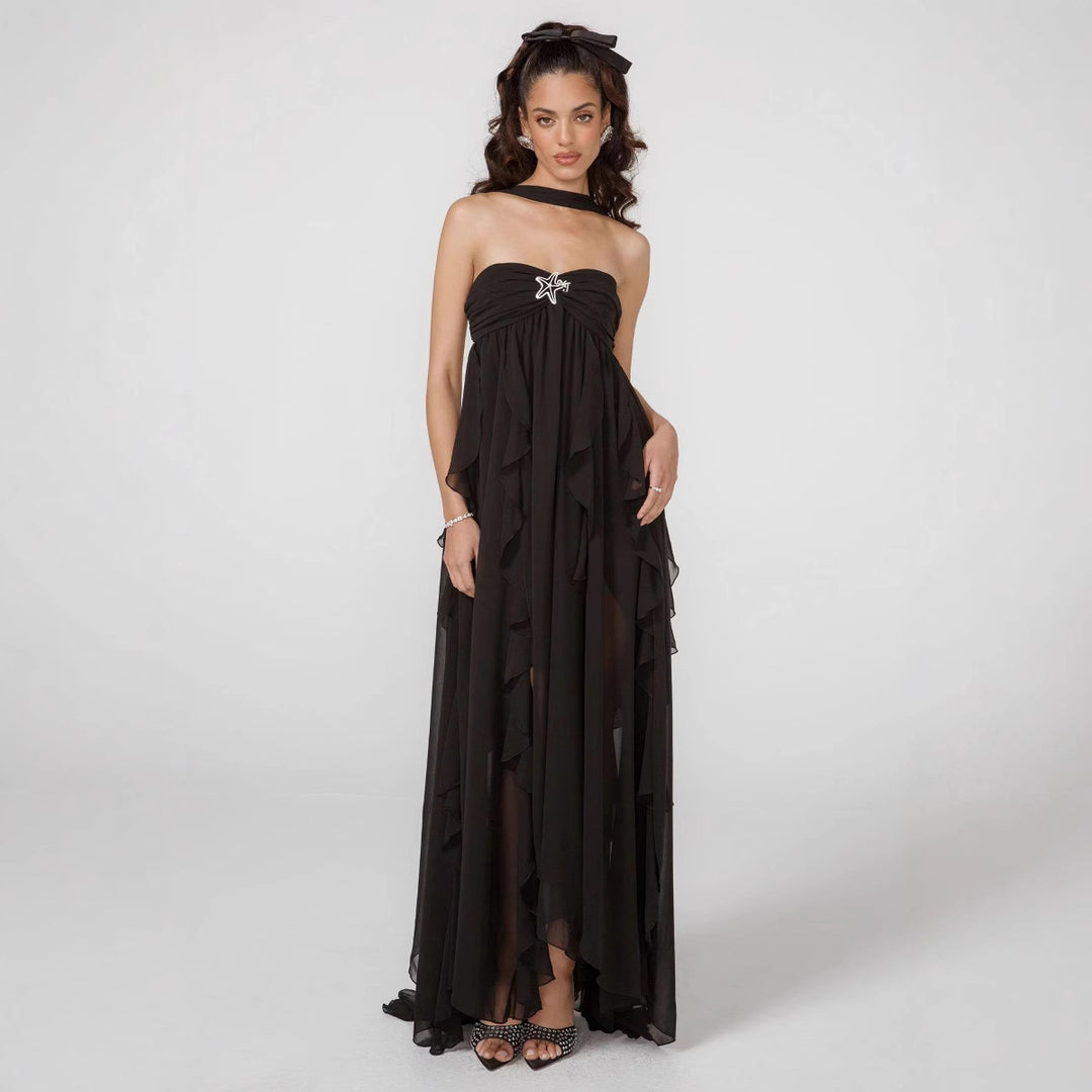 Damen Elegantes Maxi-Kleid mit asymmetrischem Saum und zarten Rüschendetails R&B